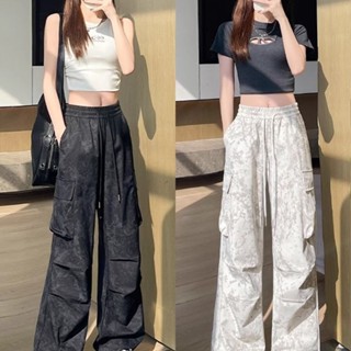 [現貨 促銷] 黑色紮染工裝褲女夏季薄款2025新款高腰直筒闊腿小個子迷彩運動褲