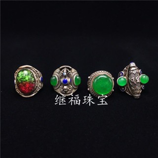 古玩雜項收藏仿古老銀琺琅掐絲工藝景泰藍鑲嵌翡翠面男款戒指扳指5.31.1
