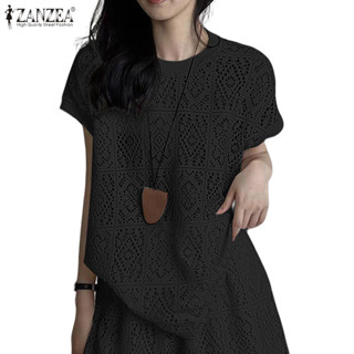 ZANZEA 女式韓版純色休閒蕾絲圓領短袖寬鬆H型襯衫