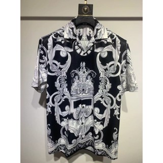 Versace2002 歐洲站男士休閒復古宮廷印花色短袖襯衫男