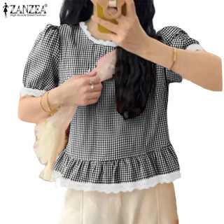 ZANZEA 女式韓版復古圓領泡泡袖蕾絲邊格子襯衫