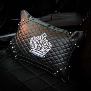 現🧡貨 汽車內飾用品刺繡皇冠頭枕靠枕頸枕四季通用皮革個性朋剋車內套裝