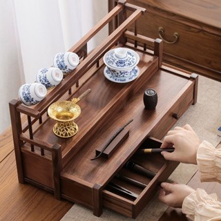 免運 實木收納架 桌面收納 杯子收納 茶具收納架 北美胡桃木雙層博古架中式實木茶壺紫砂茶杯瀝水置物架