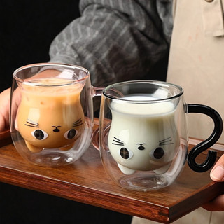 雙層玻璃可愛招財貓卡通動物咖啡杯耐熱早餐牛奶杯趣味杯子送給朋友和年輕人可愛貓形硼矽咖啡杯