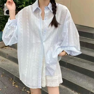 衣時尚 上衣 防曬外套 薄外套 襯衣 空調衫 S-2XL新款刺繡防曬襯衫薄款設計感寬鬆慵懶風鬆弛感襯衣外套-4569.
