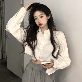 甜酷辣妹長袖白色襯衫 女秋季新款小個子時尚寬鬆百搭短版上衣