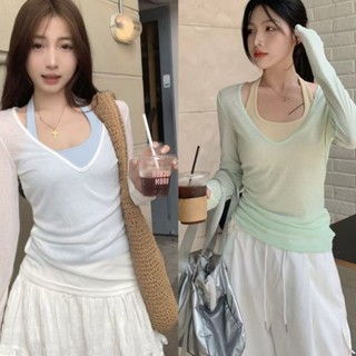 【HOT 本舖】 韓系V領長袖T恤女夏季薄款網紗防曬罩衫修身顯瘦背心上衣
