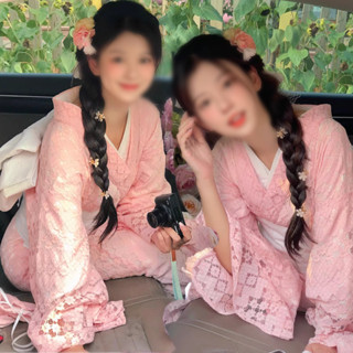 日本粉色蕾絲和服浴衣傳統正裝改良日式櫻花寫真攝影連衣裙Hani~