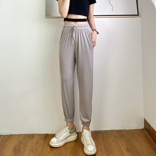 【現貨】冰絲運動褲女夏季薄款寬鬆束腳九分小個子休閒防蚊速幹哈倫燈籠褲 休閑褲女 韓版長褲 薄款長褲 夏季長褲 百搭長褲