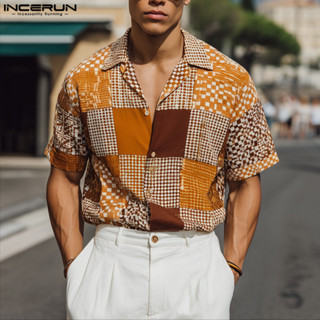 INCERUN 男士復古幾何格紋印花短袖襯衫 Presale