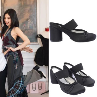 🚚臺灣出貨⛓️ 羊皮版~Jennie同款包頭半拖鞋女 復古蝴蝶結芭蕾舞鞋 粗跟高跟涼鞋 瑪莉珍鞋 高跟涼鞋 包頭跟鞋