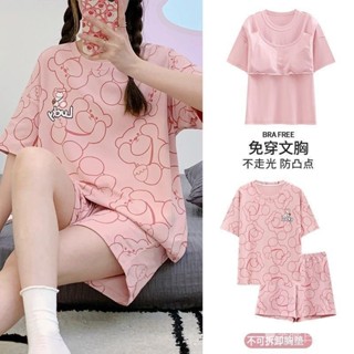【保固 免運】關注領取九折 居家服 套裝 帶胸墊一體睡衣女夏季短袖甜美卡通學生韓版女士寬鬆大碼宿捨家居
