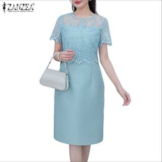 ZANZEA 女式韓版休閒純色圓領蕾絲拼接短袖帶拉鍊連體連衣裙 Presale