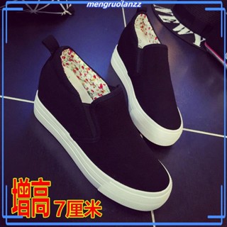 現貨 新品熱賣 韓版乞丐網紅布鞋 厚底學生帆布鞋女 一腳蹬懶人鞋 內增高韓版休閑鞋百搭 黑色女鞋