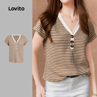 Lovito 女士休閒條紋扣環布料拼接幾何圖案夏季春季多色 T恤 L135ED026