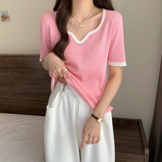 40-150KG大尺碼夏季遮肚V領冰絲短袖T恤胖mm300斤寬鬆顯瘦百搭針織上衣ins潮Fat pulssize ove