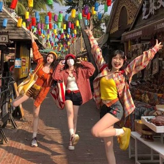 醒醒❣春夏復古紅色格子襯衫2025外套寬鬆休閒秋季新款長袖上衣襯衣慵懶