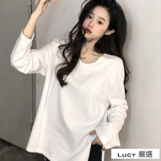Lucy💕2025秋冬寬鬆純棉白色長袖打底衫女開叉氣質中長款韓版t恤女上衣