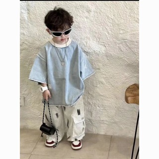 【歐寶童裝鋪】兒童韓版牛仔個性破洞設計短袖男童潮新款寬鬆休閒時尚酷帥兩件套