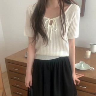 【HOT 本舖】 韓國chic夏季新品系帶寬鬆百搭甜美白色針織上衣