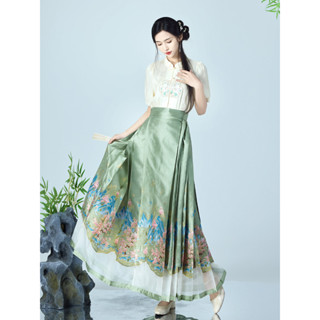 【桃喜Rich女裝】夏新國風洋裝 新中式刺繡上衣 復古短袖襯衫 織金襉紗馬面裙 寬鬆半身裙 綠色一片式馬面裙 古風套裝