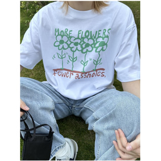 【OHSHI｜臺灣24h出貨】綠色植物花夏季休閒短袖 印花T恤 寬鬆短袖 大尺碼落肩上衣 五分袖情侶T 棉T 5365