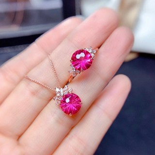 【現貨】精品奢華紅寶石碧璽戒指女晶體全淨火彩爆閃精工鑲嵌吊墜項鍊套裝 ZSN