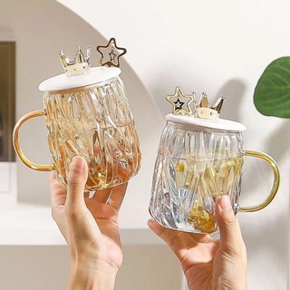 玻璃杯/水杯Glass cup/water cup輕奢風馬克杯帶蓋勺耐熱玻璃杯喝水杯子家用辦公室咖啡杯25.5.3