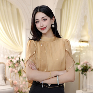 香檳色宮廷風雪紡衫2025夏季新款女輕奢禮服設計感蕾絲邊短袖上衣 wssamber