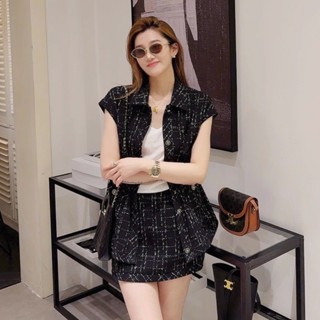 時尚套裝女 夏季兩件套 襯衣+短裙 條紋長款上衣 寬鬆一整套 新款女裝 杏色 黑色 通勤套裝 夏季小香風 穿搭時尚