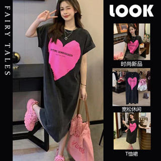 大尺碼睡裙女 韓版ins風睡衣 oversize 愛心 家居服 短袖寬鬆可外穿長裙 女版居家睡衣裙