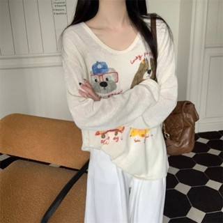 【HOT 本舖】 杏色印花長袖T恤女薄款防曬上衣夏季慵懶寬鬆設計感罩衫