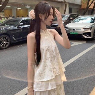 【HOT 本舖】 新中式國風旗袍清冷感禪意穿搭一整套掛脖上衣半身裙子套裝女夏季