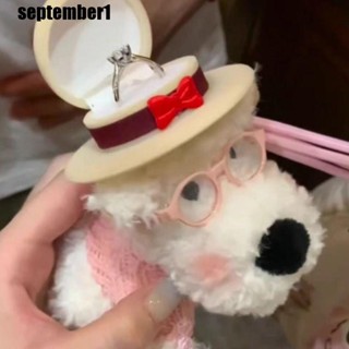 SEPTEMBER毛絨小狗公仔戒指盒,卡通填充的結婚戒指盒,可愛的展示毛絨情侶戒指架珠寶收納盒