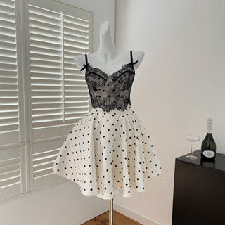 【夏天Summer】MummyCat重磅緞面股線蕾絲魚骨生日禮服連衣裙 設計感蕾絲拼接A字裙 小個子波點吊帶連衣裙
