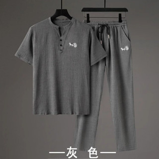 涼感亞麻短袖T套裝男夏季薄款涼感吸濕排汗短袖中國風男裝半袖上衣中式棉麻衣服