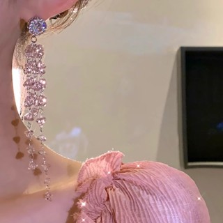 【HOT 本舖】 甜美溫柔氣質長款流蘇水晶耳環女輕奢小眾高階感時尚精緻鋯石耳釘