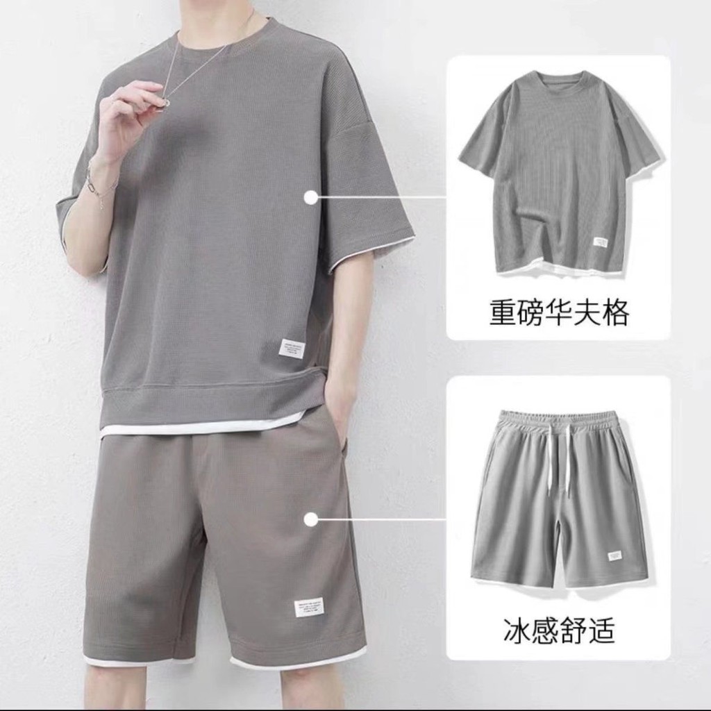 （2025年夏季新款）夏季華夫格短袖冰絲男士運動休閒大尺碼套裝男裝一套搭配短褲T恤 涼涼感睡衣居家服涼感睡衣男睡衣短袖短