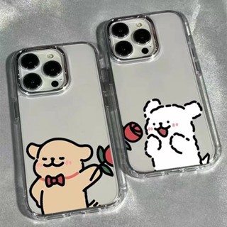 可愛卡通趣味玫瑰小狗 情侶手機殼 透明 適用iPhone 16Pro 15Pro XS 14ProMax 13 電鍍 1