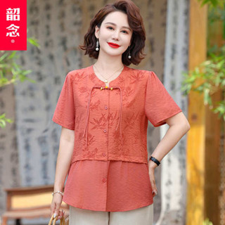 國潮新中式 初色服飾 媽媽夏裝新中式假兩件小衫中老年女裝洋氣中國風棉麻短袖T恤上衣