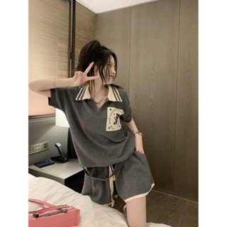夏季2024年美式高檔時尚套裝女華夫格polo領上衣女寬鬆褲子兩件套