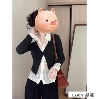 Lucy💕法式正肩假兩件襯衫女秋季感長袖襯衫遮肉顯瘦上衣