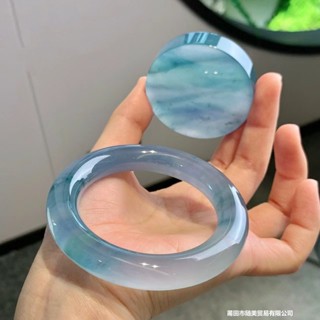 【促銷】天然緬甸高冰種飄藍花翡翠手鐲圓條老坑玻璃種翡翠玉手鐲/6.13