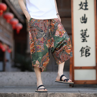 男士棉麻七分褲民族風復古印花百搭亞麻短褲透氣排汗寬褲寬褲燈籠褲哈倫褲束口褲寬褲垮褲蘿蔔褲男褲子現貨