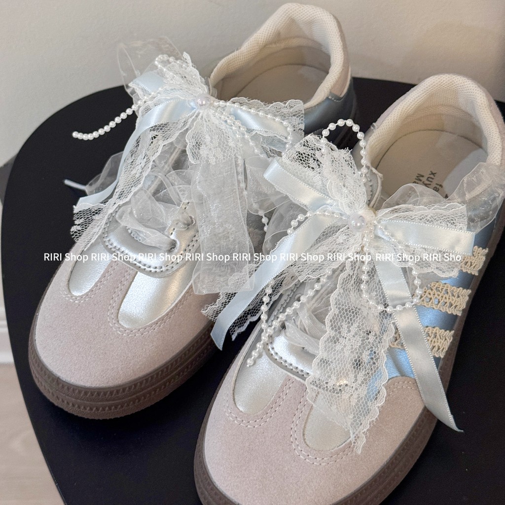 RIRI Shop｜隔日到貨｜蕾絲珍珠雙重飄帶蝴蝶結鞋帶扣 SAMBA鞋子裝飾扣 少女球鞋配飾 阿甘鞋運動鞋貝殻鞋DIY