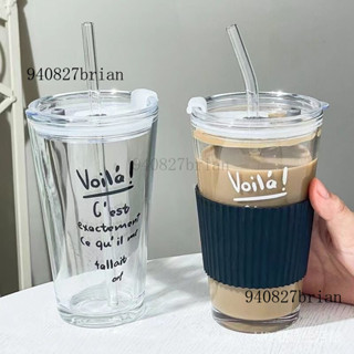 新品 免運🎀高顔值ins法式飲料吸管盃咖啡奶茶冷飲盃傢用帶蓋玻璃水盃耐高溫