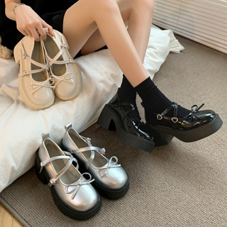 日系文青風法式小皮鞋女2025春新款厚底增高蝴蝶結配裙子粗跟厚底鞋百搭學院風紳士鞋高跟單鞋兩穿厚底粗跟復古英倫風皮鞋