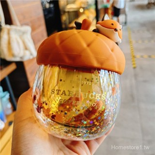 星巴克杯子2022中秋節秋日森林橡果萌狐款雙層玻璃馬克杯帶杯蓋