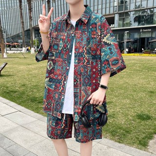 夏季加肥加大尺碼襯衫男士潮流寬鬆沙灘冰絲花襯衫胖子短袖短褲套裝