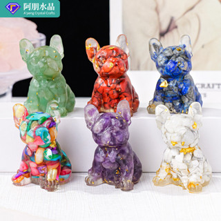 ✨ 天然水晶 工藝品 居家擺件 ✨天然水晶碎石滴膠小狗擺件水晶哈皮狗鬥牛犬傢居辦公桌擺件 TRSST